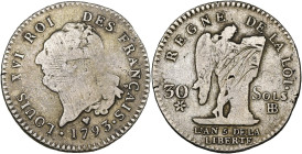 FRANCE, Constitution (1791-1792), AR 30 sols, 1793 BB, an 5, Strasbourg. Type FRANÇAIS. D/ T. nue à g., les cheveux noués par un ruban. R/ Génie inscr...