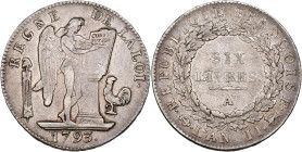FRANCE, Convention (1792-1795), AR écu de six livres, 1793 A, an 2, Paris. D/ Génie deb. à d., inscrivant la constitution sur une table. À g., un fais...