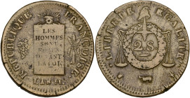FRANCE, Convention (1792-1795), Métal de cloche 2 sols à la balance, s.d., an 2 (1794), Pau. D/ Table de la Loi entre une grappe et des épis. R/ Valeu...