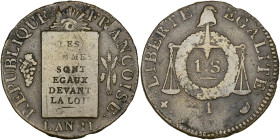 FRANCE, Convention (1792-1795), Métal de cloche sol à la balance, s.d. I, an 2 (1794), Limoges. D/ Table de la Loi entre une grappe et des épis. R/ Va...
