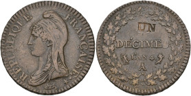 FRANCE, Directoire (1795-1799), Cu 1 décime, an 4 A, Paris. Contremarqué sur 2 décimes. Gad. 186. 19,48 g. Coup au revers. Very Fine.