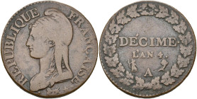 FRANCE, Directoire (1795-1799), Cu 1 décime, an 4 A, Paris. Petit module. Gad. 184. 10,11 g. Fine - Very Fine.