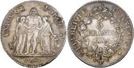 FRANCE, Directoire (1795-1799), AR 5 francs, an 5 T, Nantes. Union et Force. Gad. 563. 25,12 g. Légères traces d'ajustage au droit. Very Fine - Extrem...