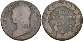 FRANCE, Directoire (1795-1799), AR 5 centimes, an 5 A, Paris. Faute de gravure: CNIQ CENTIMES. Gad. 126 var. 9,14 g. Rare. very good.