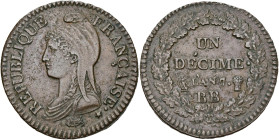 FRANCE, Directoire (1795-1799), Cu décime, an 7 (sur 5) BB, Strasbourg. Gad. 187. 17,86 g. Extremely Fine.