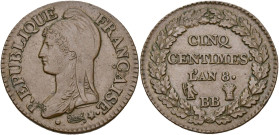 FRANCE, Directoire (1795-1799), Cu 5 centimes, an 8 BB, Strasbourg. Gad. 126a. 10,56 g. Very Fine - Extremely Fine.