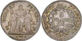 FRANCE, Consulat (1799-1804), AR 5 francs, an 8 Q, Perpignan. Union et Force. Gad. 563a. 24,71 g. Belle patine. Very Fine.