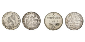 FRANCE, lot de 2 essais en argent: Constitution, 20 sols, 1792, an 4, Paris, Lefèvre, Lesage et Cie; Consulat, 5 décimes par Lorthior, an 8 A. V.G. 30...