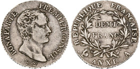 FRANCE, Consulat (1799-1804), AR demi-franc, an XI A, Paris. Gad. 394. about Very Fine.