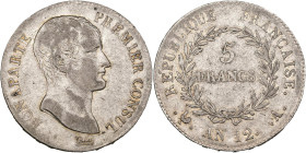 FRANCE, Consulat (1799-1804), AR 5 francs, an 12 A, Paris. Gad. 577. Nettoyé. about Very Fine.