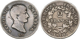 FRANCE, Napoléon Ier (1804-1814), AR 2 francs, 1806 L, Bayonne. Gad. 496. Griffe au droit. Fine - Very Fine.