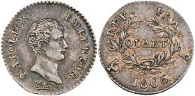 FRANCE, Napoléon Ier (1804-1814), AR quart de franc, 1806 A, Paris. Gad. 347. Belle patine. Extremely Fine.