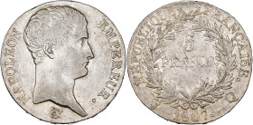FRANCE, Napoléon Ier (1804-1814), AR 5 francs, 1807 Q, Perpignan. Gad. 581. Nettoyé. about Very Fine.