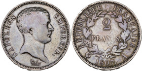 FRANCE, Napoléon Ier (1804-1814), AR 2 francs, 1807 A, Paris. Dite "tête de nègre". Gad. 499. Très rare. Fine.