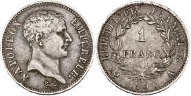 FRANCE, Napoléon Ier (1804-1814), AR 1 franc, 1807 A, Paris. Dite "tête de nègre". Gad. 445. Très rare. about Very Fine.