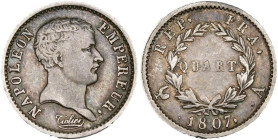 FRANCE, Napoléon Ier (1804-1814), AR quart de franc, 1807 A, Paris. Dite "tête de nègre". Gad. 348. Fine - Very Fine.