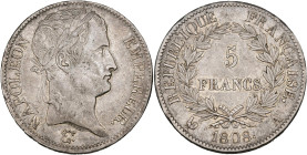 FRANCE, Napoléon Ier (1804-1814), AR 5 francs, 1808 A, Paris. Tête laurée. Gad. 583. Very Fine - Extremely Fine.