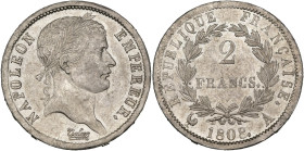 FRANCE, Napoléon Ier (1804-1814), AR 2 francs, 1808 A, Paris. Gad. 500. Nettoyé. Petits coups. Extremely Fine.