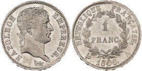 FRANCE, Napoléon Ier (1804-1814), AR 1 franc, 1808 A, Paris. Gad. 446. Nettoyé. Extremely Fine.