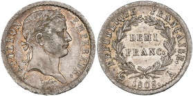 FRANCE, Napoléon Ier (1804-1814), AR demi-franc, 1808 A, Paris. Gad. 398. Belle patine. Fines traces d'ajustage. Coin de droit légèrement rouillé. Ext...