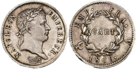 FRANCE, Napoléon Ier (1804-1814), AR quart de franc, 1809 A, Paris. Tête laurée. Gad. 350. Very Fine - Extremely Fine.