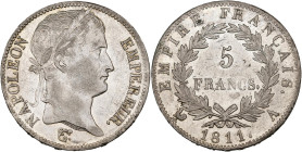 FRANCE, Napoléon Ier (1804-1814), AR 5 francs, 1811 A, Paris. Gad. 584. Nettoyé. Petits coups. Extremely Fine.