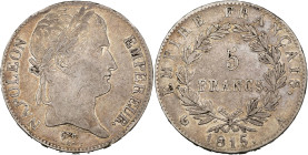 FRANCE, Napoléon Ier, période des Cent-Jours (1815), AR 5 francs, 1815 A, Paris. Gad. 595. about Very Fine.