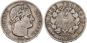 FRANCE, Napoléon Ier, période des Cent-Jours (1815), AR 2 francs, 1815 A, Paris. Gad. 510. Rare. Graffiti au revers. Fine - Very Fine.