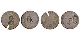 FRANCE, lot de deux décimes de type Dupré contremarqués, l'un d'un buste en uniforme (flan éclaté) et l'autre d'une double contremarque au buste de Na...