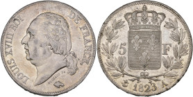 FRANCE, Louis XVIII, seconde restauration (1815-1824), AR 5 francs, 1823 A, Paris. Gad. 614. Nettoyé. Extremely Fine.