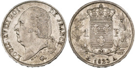 FRANCE, Louis XVIII, seconde restauration (1815-1824), AR 1 franc, 1823 A, Paris. Gad. 449. about Extremely Fine.