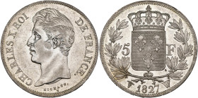 FRANCE, Charles X (1824-1830), AR 5 francs, 1827 W, Lille. 2e type. Gad. 644; Dav. 88. Very Fine - Extremely Fine.
