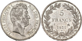 FRANCE, Louis-Philippe (1830-1848), AR 5 francs, 1831 B, Rouen. Tête nue. Tranche en creux. Gad. 676. Very Fine - Extremely Fine.