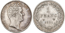 FRANCE, Louis-Philippe (1830-1848), AR 1 franc, 1831 W, Lille. Tête nue. Gad. 452. Very Fine.