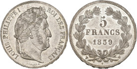 FRANCE, Louis-Philippe (1830-1848), AR 5 francs, 1839 W, Lille. Gad. 678. about Extremely Fine.