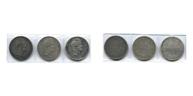 FRANCE, Louis-Philippe (1830-1848), lot de 3 p. de 5 francs, tête nue: 1830 A, sans le "I" (tranche en creux et en relief), 1831 A (tranche en relief,...