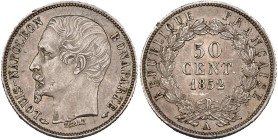 FRANCE, Deuxième République (1848-1852), AR 50 centimes, 1852 A, Paris. Louis-Napoléon Bonaparte. Gad. 412. Petits coups. Very Fine - Extremely Fine....