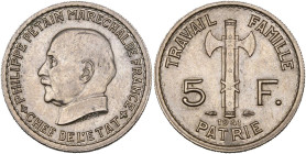 FRANCE, Etat Français (1940-1944), Cupro-nickel 5 francs, 1941. Maréchal Pétain. Gad. 764. Rare. about Extremely Fine.