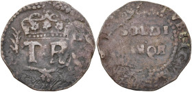 FRANCE, CORSE, Théodore de Neuhof (1736), Cu 5 soldi, 1736. D/ T^R couronné, entre deux palmes. R/ SOLDI · CINQE Valeur. Gad. 2. 3,31 g. Rare. Fine - ...