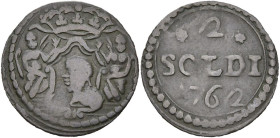 FRANCE, CORSE, Pascal Paoli (1755-1769), Billon 2 soldi, 1762, Murato. D/ Armoiries. R/ Valeur dans une couronne. Gad. 6. 1,15 g. Rare. Fine - Very Fi...