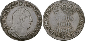 MONACO, Antoine Ier (1701-1731), billon pezzetta, 1720. D/ ANT I D G PRIN MONOECI B. cuir. à d. R/ AVXIL MEVM A DOM Écu couronné. Gad. 91a. 4,47 g. Ra...