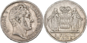 MONACO, Honoré V (1819-1841), AR 5 francs, 1837 M. Sur la tranche: *** DEO* JUVANTE. Gad. 107. Very Fine.