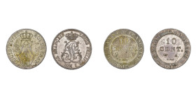 COLONIES FRANÇAISES, Guyane, lot de 2 p.: Louis XVIII, 10 centimes, 1818 A (Très Beau) et Louis-Philippe, 10 centimes, 1846 A (Superbe). Lecompte 30, ...