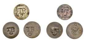 COLONIES FRANÇAISES, Île de Tabago, lot de 3 sous marqués d'une contremarque "TB/O": sur 2 sols de Louis XV, sur 2 sous de Cayenne de Louis XVI et sur...