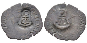 COLONIES FRANÇAISES, Saint-Domingue, billon demi-escalin du Cap (?). Contremarqué sur un liard de Béarn d'Henri Ier d'Albret. Lecompte 6. 0,70 g. Cont...