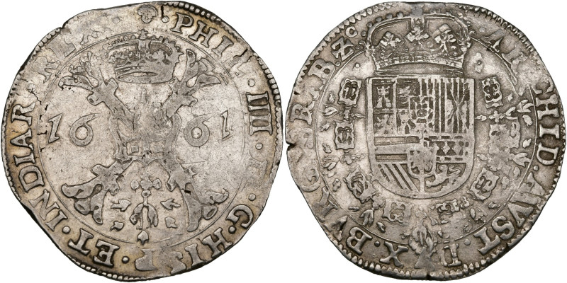 BRABANT, Duché, Philippe IV (1621-1665), AR patagon, 1661, Bruxelles. D/ Croix d...