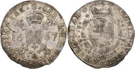BRABANT, Duché, Charles II (1665-1700), AR patagon, 1667, Anvers. D/ Croix de Bourgogne sous une couronne, portant le bijou de la Toison d'or. R/ Ecu ...