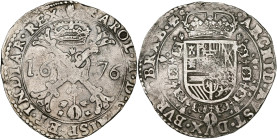 BRABANT, Duché, Charles II (1665-1700), AR patagon, 1676, Anvers. D/ Croix de Bourgogne sous une couronne, portant le bijou de la Toison d'or. R/ Ecu ...