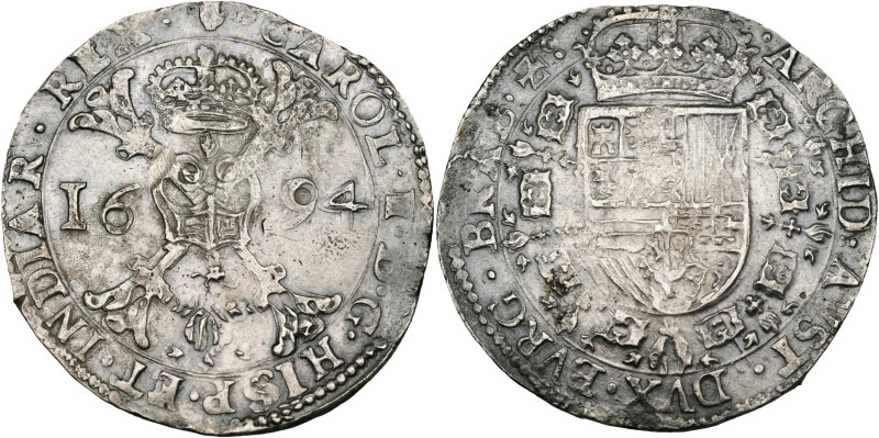 BRABANT, Duché, Charles II (1665-1700), AR patagon, 1694, Anvers. D/ Croix de Bo...