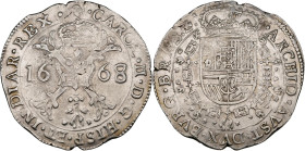 BRABANT, Duché, Charles II (1665-1700), AR patagon, 1668, Bruxelles. D/ Croix de Bourgogne sous une couronne, portant le bijou de la Toison d'or. R/ E...